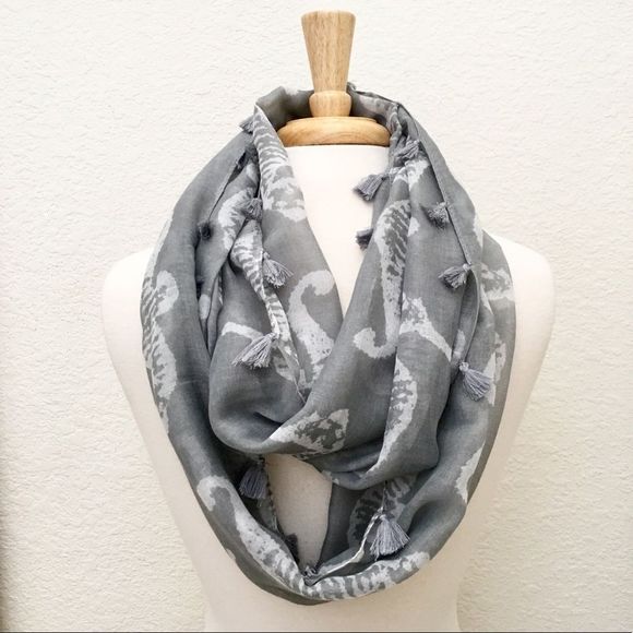 Seahorse Print Tassel Trimmed Lightweight Gray Infinity Scarf NWT - Picture 2 of 5